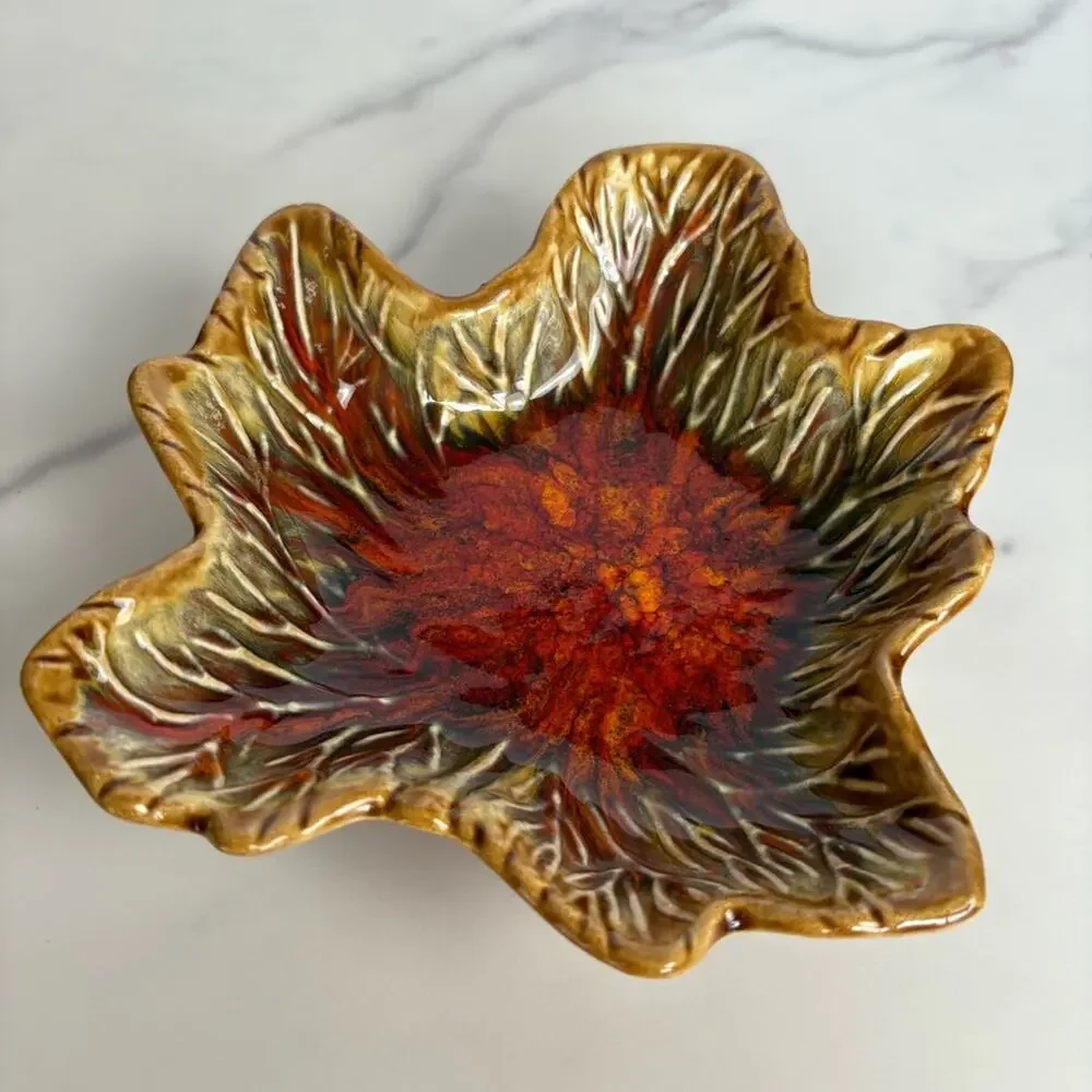Vintage USA Pottery 721 Leaf Bowl Dish Brown Red Green Glaze Mid Century Decor